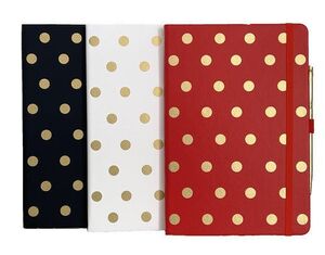 CUADERNO A5 LUNARES DORADOS CON BOLIGRAFO DORADO