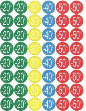 ETIQUETAS APLI DE DESCUENTO -20%/-50% Ø 24 MM 5 HOJAS