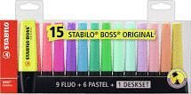 MARCADOR STABILO BOSS SET 15 UNIDADES FLUOR Y PASTEL