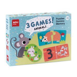 SET 3 JUEGOS: PUZZLES, DOMINO, MEMORY  ANIMALES APLI KIDS