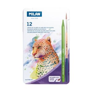 CAJA METÁLICA MILAN 12 LÁPICES TODO MINA DE COLOR ACUARELABLES + PINCEL