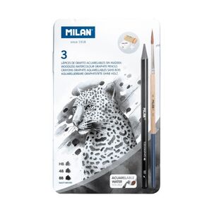 CAJA METÁLICA MILAN 3 LÁPICES TODO MINA DE GRAFITO ACUARELABLE (HB, 4B Y 8B) + SACAPUNTAS AFILA + GOMA THE MASTER GUM + PINCEL