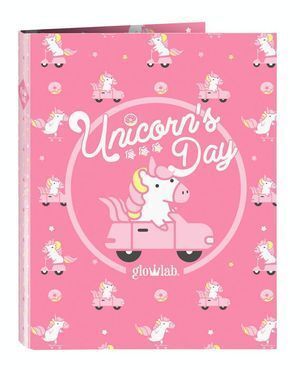 CARPETA CARTON FOLIO 4 ANILLAS MIXTAS GLOWLAB UNICORN DAY