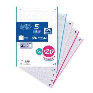 RECAMBIO A4 CUADROS 5X5 100+20H 5 COLORES PASTEL OXFORD 