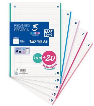 RECAMBIO OXFORD A4 HORIZONTAL 120H 5 COLORES PASTEL