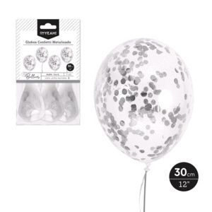 GLOBO LATEX + CONFETI PLATA METALIZADO 30CM 3 UNIDADES