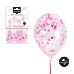 GLOBO LATEX + CONFETI PAPEL ROSA PASTEL 30CM 3 UNIDADES