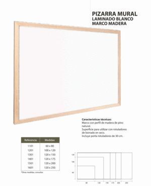 PIZARRA MURAL BLANCA LAMINADO MARCO DE MADERA 60X80CM